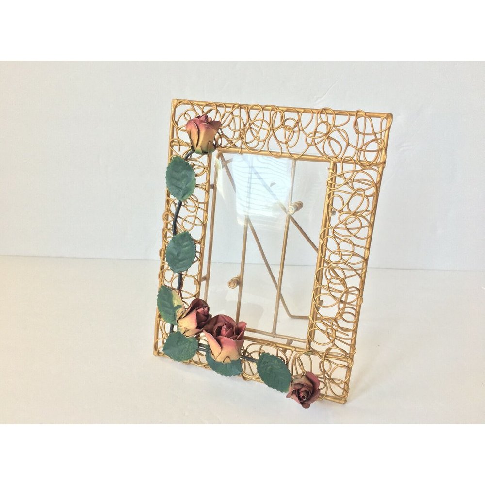 Forged Red Metal Copper Rose With Leaves Flower Art Sculpture Picture Frame
